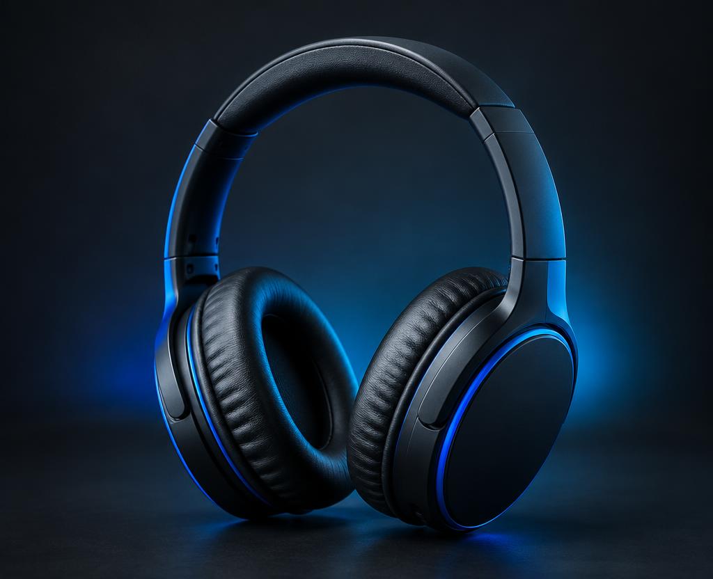 Black over-ear wireless headphones lit with cobalt blue
