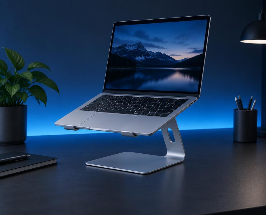Laptop and aluminium stand in an everyday workspace