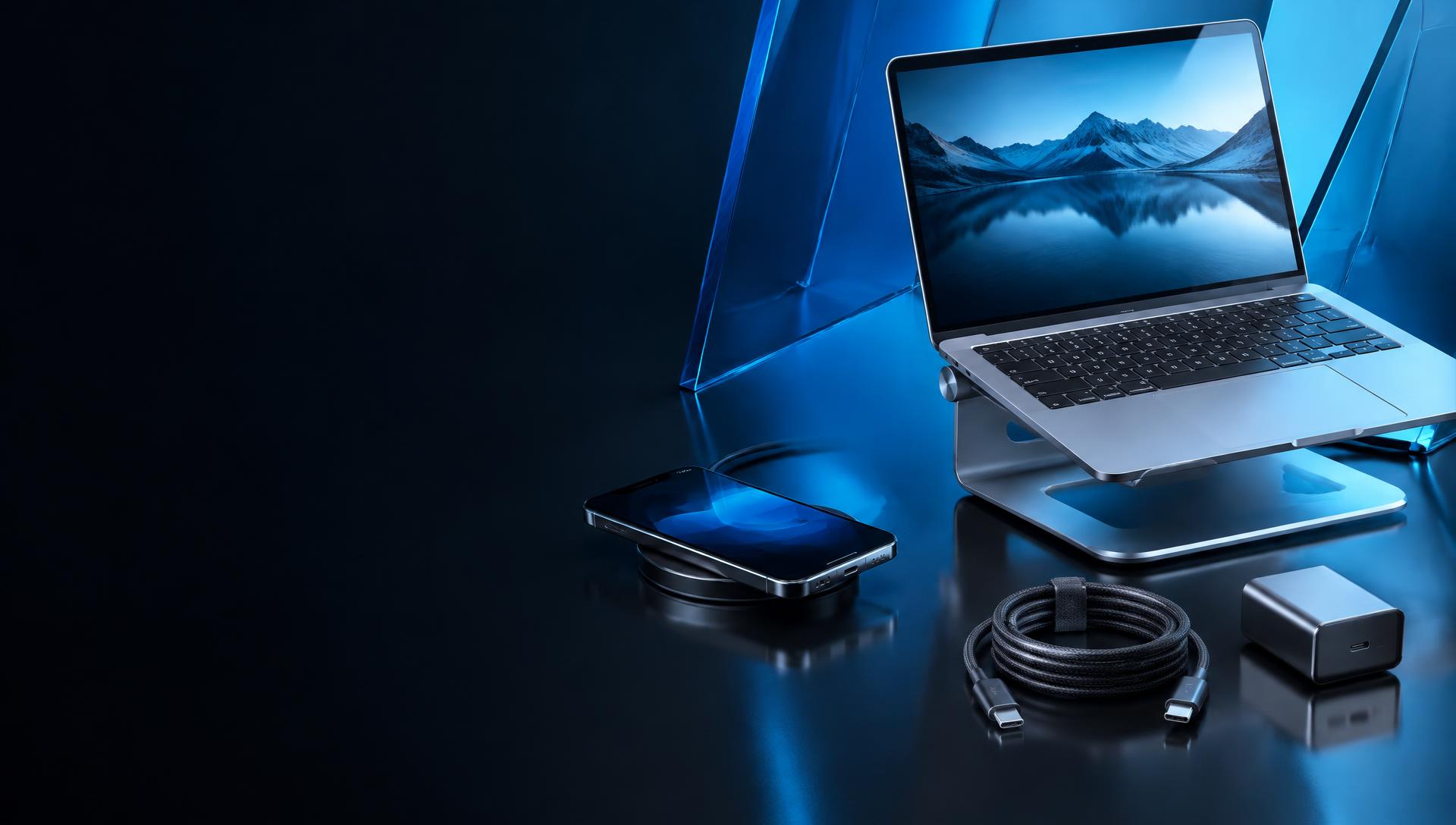 Laptop, wireless charger, and braided cable arranged on a blue-lit desk